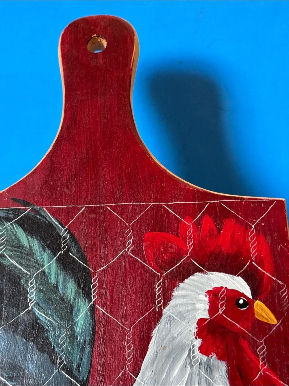 Hand-Painted Rooster cutting board Folk Art- Red, Black, White by Nanny Beth
